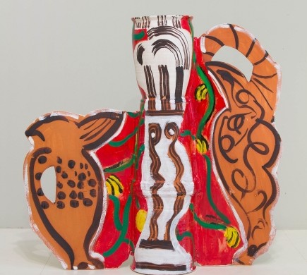 Betty Woodman, On the Way to Mexico, 2012, Glazed earthenware, epoxy resin, lacquer, paint, canvas, 34 x 35 x 9 inches, Courtesy of Salon 94, NY.