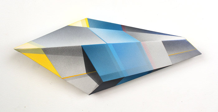 Trygve Faste, Protoform Small Blue Yellow, 2013. Acrylic on canvas, 6.5 x 16 x 2.5 in.