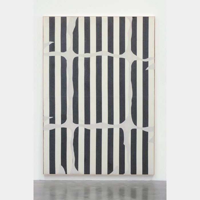 Daniel Buren, Photo Souvenir: Peinture aux formes variables, 1966. Paint on white and gray striped cotton canvas, 93.7 x 65.75 in.