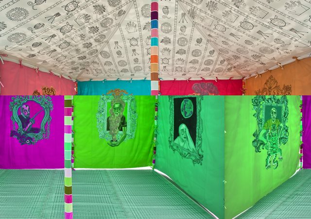 Francesco Clemente, Museum Tent (2013) (interior view), tempera on cotton and mixed media. Photo: Courtesy of the artist and Blain/Southern Gallery, Berlin.