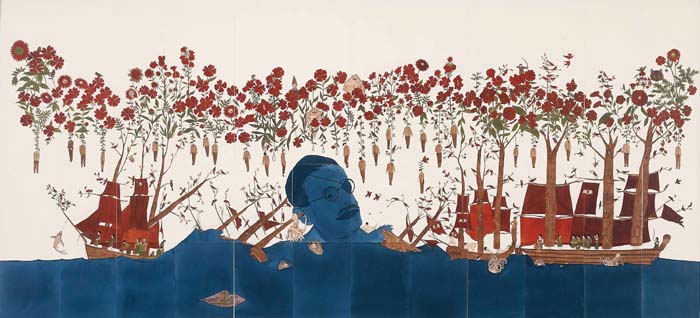   Marcel Dzama, “Neptune.” (2004-2005) Ink and watercolor on paper. 48-part work: Overall: 56 x 132 inches (142.2 x 335.3 cm). Each: 14 x 11 inches (35.6 x 27.9 cm).