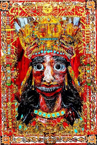 He-Who-Shakes-The-Earth-Pachacuti-Inca-King-2015-acrylic-gold-leaf-mixed-media-with-LCD-screen