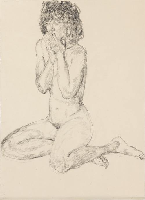 Avigdor Arikha, 1999, Seated Nude, Legs Folded Behind Her, Hands Covering Her Mouth, 1999, carboncillo, 89x64,5cm