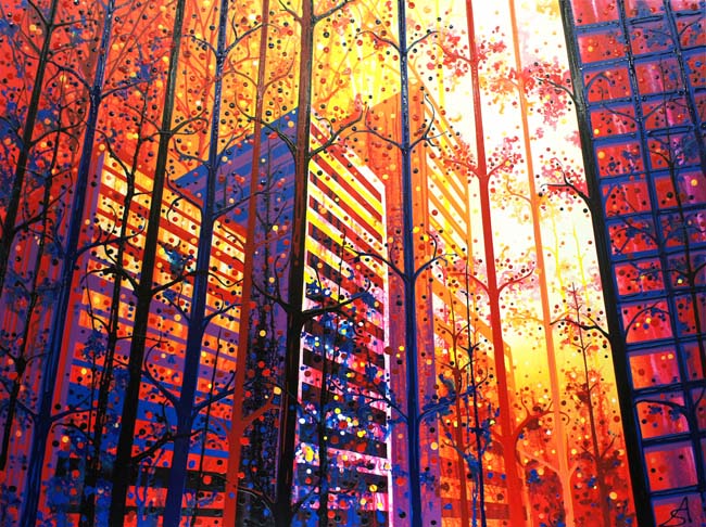 Amy Shackleton,Through the Trees (Toronto + California) 2015, acrylic and enamel on canvas, 45” x 60”. Image courtesy of the artist and Elaine Fleck Gallery