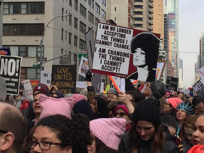 Protesters march in Manhattan during the Women’s March on January 21, 2017. (Credit: Aaron Burr-Society /Facebook Feed)
