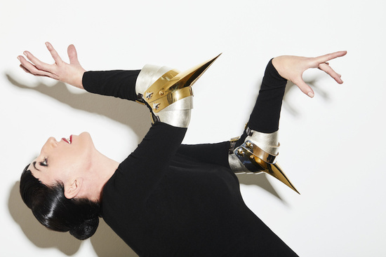 John Baldessari, Crowd Arm (Gold on Silver), 2016 and Crowd Arm (Gold on Gold), 2016 Photograph by Gorka Postigo, modelled by Rossy de Palma © John Baldessari Courtesy the artist, Marian Goodman Gallery and Hauser & Wirth